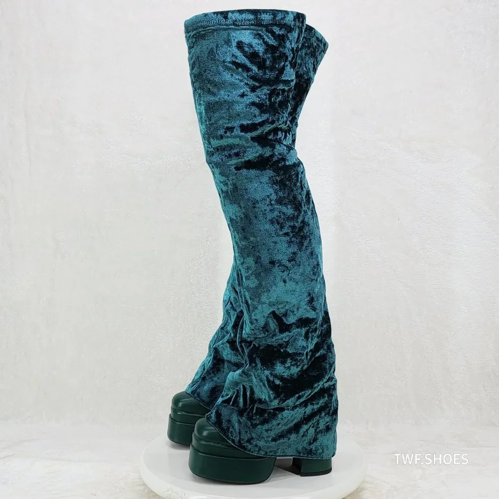 Good Will Unique Thigh High Emerald Velvet Fold over Chunky Heel Platform Boots - Picture 13 of 15